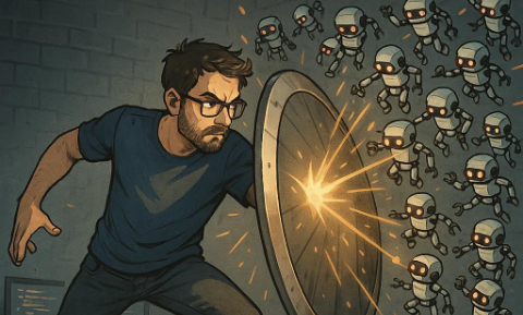 Ilustrace roboti útočí na štít